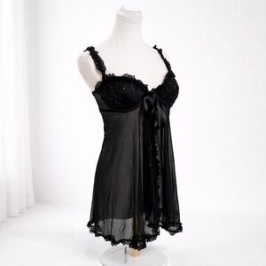 Victoria Secret  Black Sheer Babydoll Lace Lingerie Slip Dress Coquette 36C